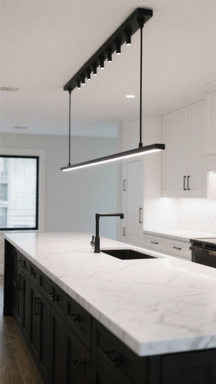 Wide island view: long 9-foot island with a slim linear multi-light bar pendant centered above, the bar length about 60–75% of the island. Matte black finish complements a minimalist modern farmhouse palette with white cabinetry and quartz tops. Even illumination with no dark spots across the prep surface. Straight-on shot, clean, polished look with 3000K task lighting on.
