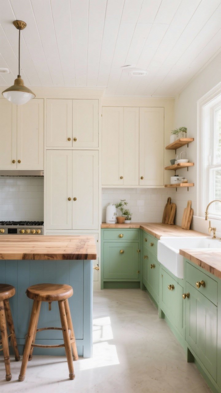 Wide kitchen shot bathed in soft, sunny light: cream-painted cabinets with aged brass hardware, butcher block counters, white ceiling, and a dusty blue island paired with warm oak stools; optional vignette showing sage green lower cabinets with white uppers and natural wood shelves; muted, cheerful colors bounce light in a small space; crisp, photorealistic finish
