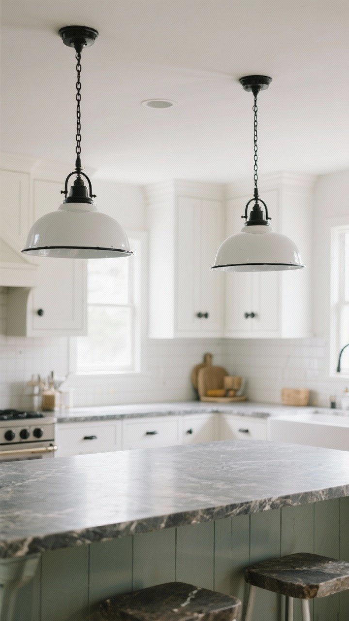 Wide kitchen shot: bright space with limited natural light, uplifted by two white enamel pendant shades with black hardware (canopy and chain matching cabinet pulls). Glossy enamel bounces light over darker stone counters; shades are wider and shallow for broad, even coverage. Clean, cheerful farmhouse vibe; straight-on view, balanced artificial lighting for a crisp feel.