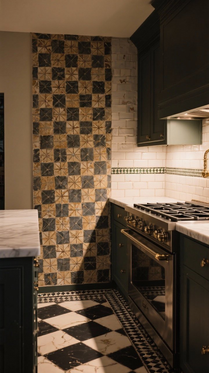 Wide kitchen shot featuring a storytelling backsplash and flooring: hand-painted Moroccan star-and-cross tiles in warm cream and charcoal for the backsplash, checkerboard floor in black and cream (not white), and a strip of glossy zellige tile as an accent near the range; contrasting wide grout lines on subway tile portion; overall warm, moody lighting that emphasizes glazed imperfections; corner angle to capture both floor and wall patterns.