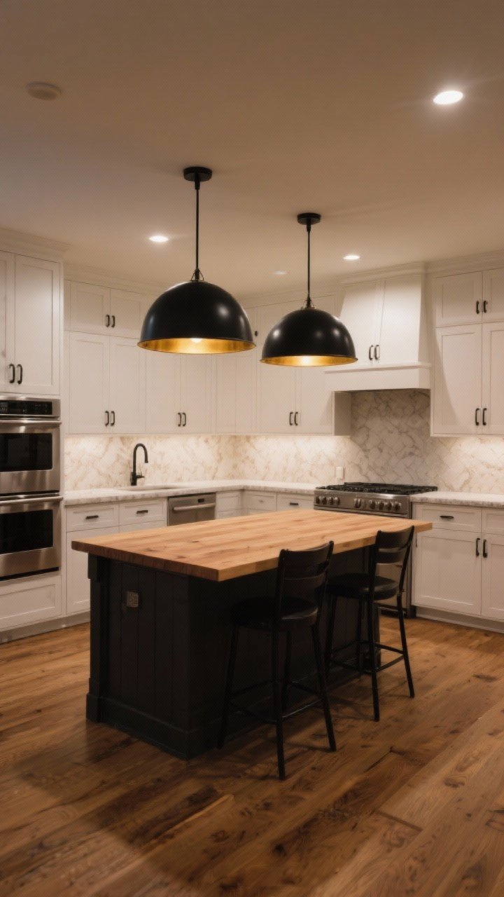 Wide kitchen shot: modern farmhouse kitchen with white shaker cabinets, light stone countertops, warm oak floors, and a butcher-block island. Two matte black dome pendant lights (14–18 inches) with warm brass interiors hang 30–36 inches above the island, casting a buttery, flattering glow. Hardware is mixed (stainless appliances, black cabinet pulls), and the domes ground the whites and woods without dominating. Straight-on perspective, evening dimmed ambiance with warm 2700K light.