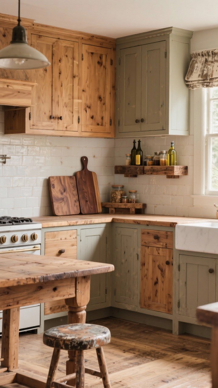 Wide kitchen shot of a vintage farmhouse space showcasing mixed wood tones: oak shaker cabinets with painted warm greige bases and butcher block countertops, a walnut cutting board leaning against the backsplash, a pine farmhouse table paired with a worn maple stool, and a salvaged wood open shelf for oils and spices on wooden risers; warm undertones throughout, soft morning natural light, straight-on view emphasizing the harmonious mix of woods without looking chaotic.