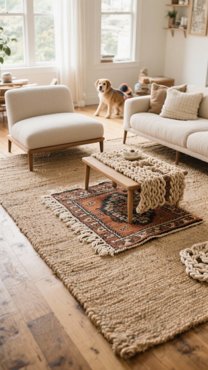 Wide living room floor composition emphasizing natural fiber rugs: a large neutral jute rug grounding the space with the front legs of seating resting on it, layered with a smaller vintage kilim accent rug; jute, wool, and braided cotton textures visible; warm, cozy ambiance with natural daylight; pet- and kid-friendly vibe implied, no people.