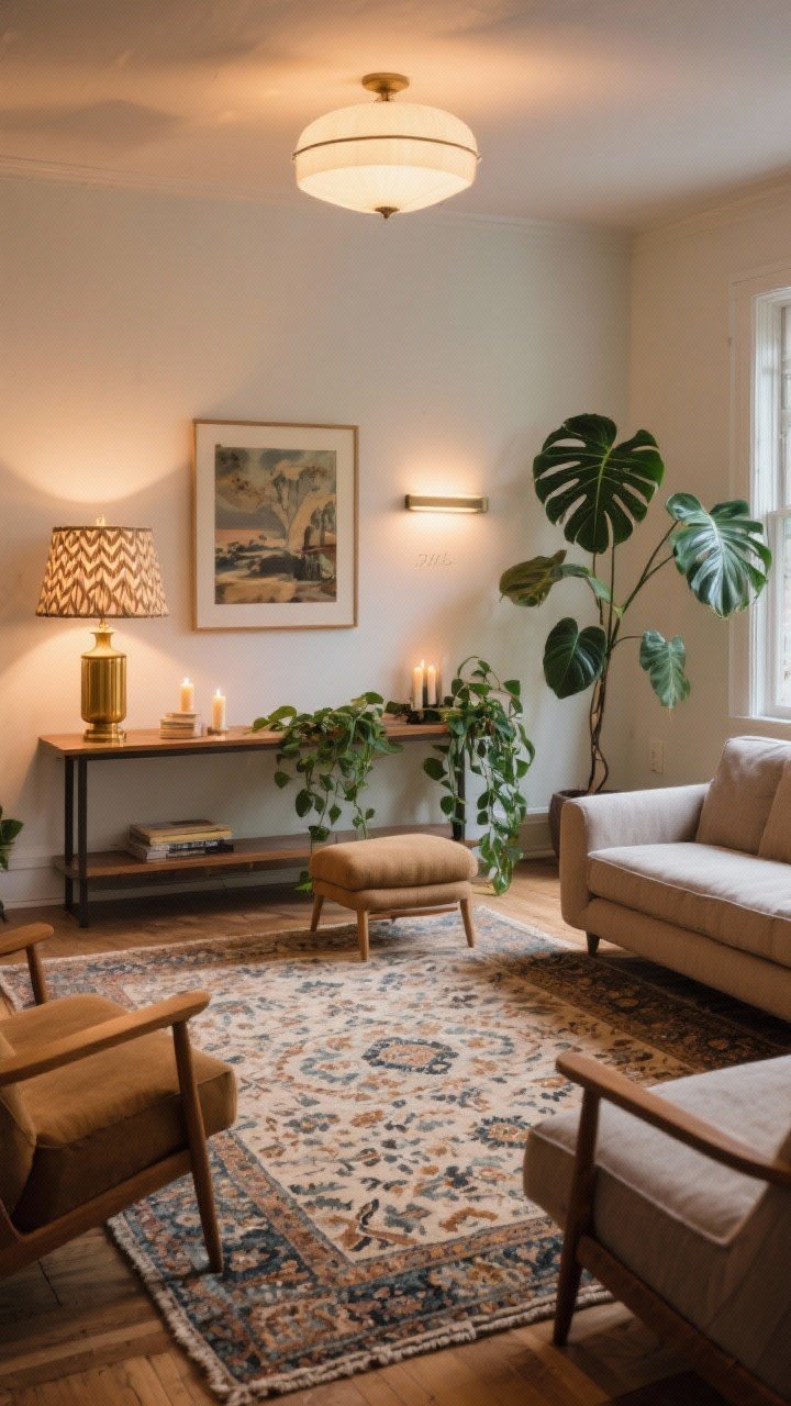 Wide living room layout focused on cozy chaos contained: anchored by a large vintage-pattern rug with the main seating piece centered; sofa and chairs floated off the walls forming intimate conversation pockets. Each seat has a reachable surface and light, creating functional triangles. Lighting layered: dimmable overhead glow, a brass table lamp with a pleated patterned shade, a picture light over framed art, and candles on a console. Include a trailing pothos on a shelf and a tall fiddle-leaf fig to bounce light and add life. Warm bulbs at 2700–3000K for an inviting atmosphere.