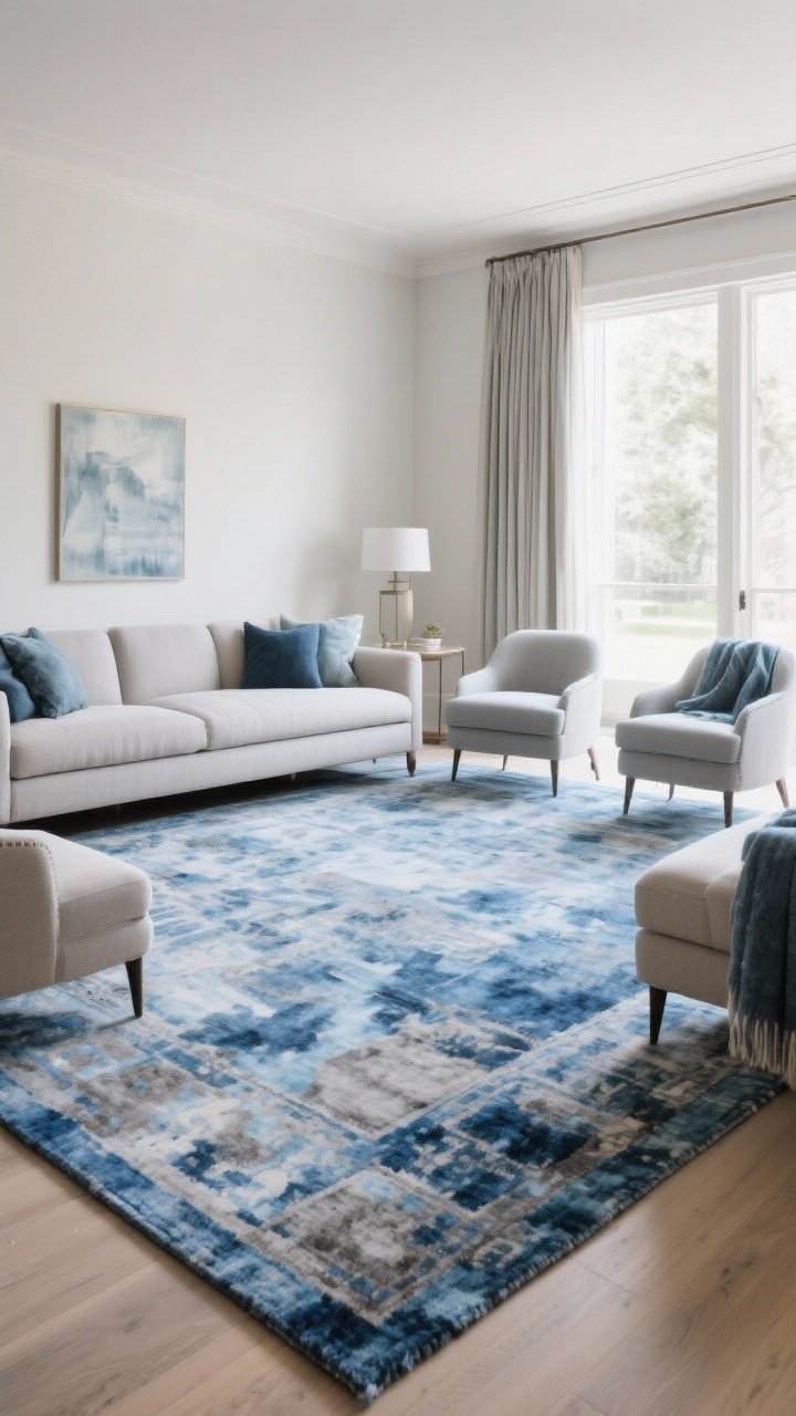 Wide living room shot: A glacier blue area rug anchoring the space, large enough for the front legs of sofa and chairs to rest on; wool or wool-blend texture with a subtle faded Persian/abstract watercolor pattern in blues and greys. Echo the rug’s tones in one other element, like curtains or a throw, for cohesion. Soft natural light, uncluttered. Photorealistic, corner perspective.