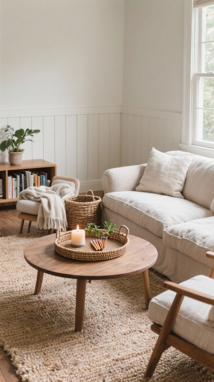 Wide living room shot: A slow-morning vibe with an oversized linen sofa, two comfy chairs angled for conversation, a plush rug over jute, and a rounded-corner wooden coffee table. On the table, a woven tray styled with a candle, matches, and a small plant. A basket by the sofa holds throws; board-and-batten wall detail or a low bookshelf adds subtle architectural warmth. Soft daylight, cozy and lived-in.