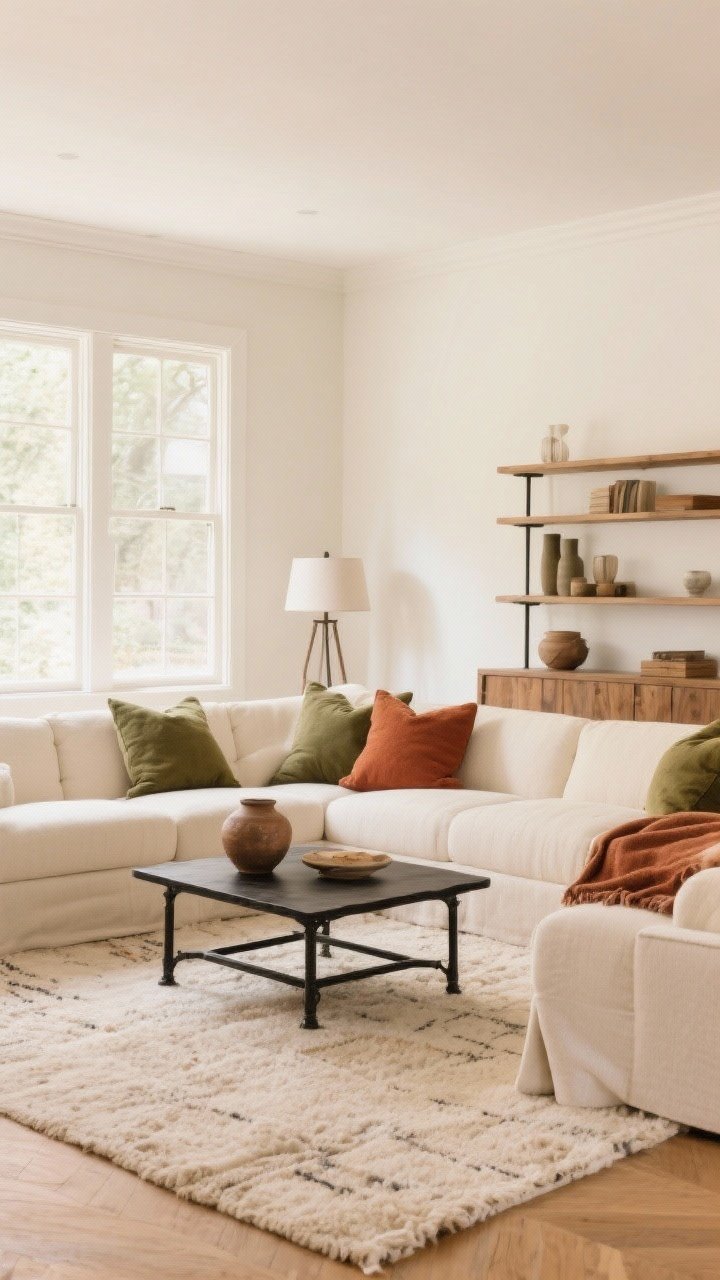 Wide living room shot illustrating a simplified palette: 60% warm neutrals (oatmeal walls, cream upholstery, large neutral rug), 30% natural wood and black/iron (coffee table, shelving, lighting), and 10% accent in olive and rust (pillows, throw, pottery); warm white paint with a creamy undertone; cohesive, timeless, softly lit.