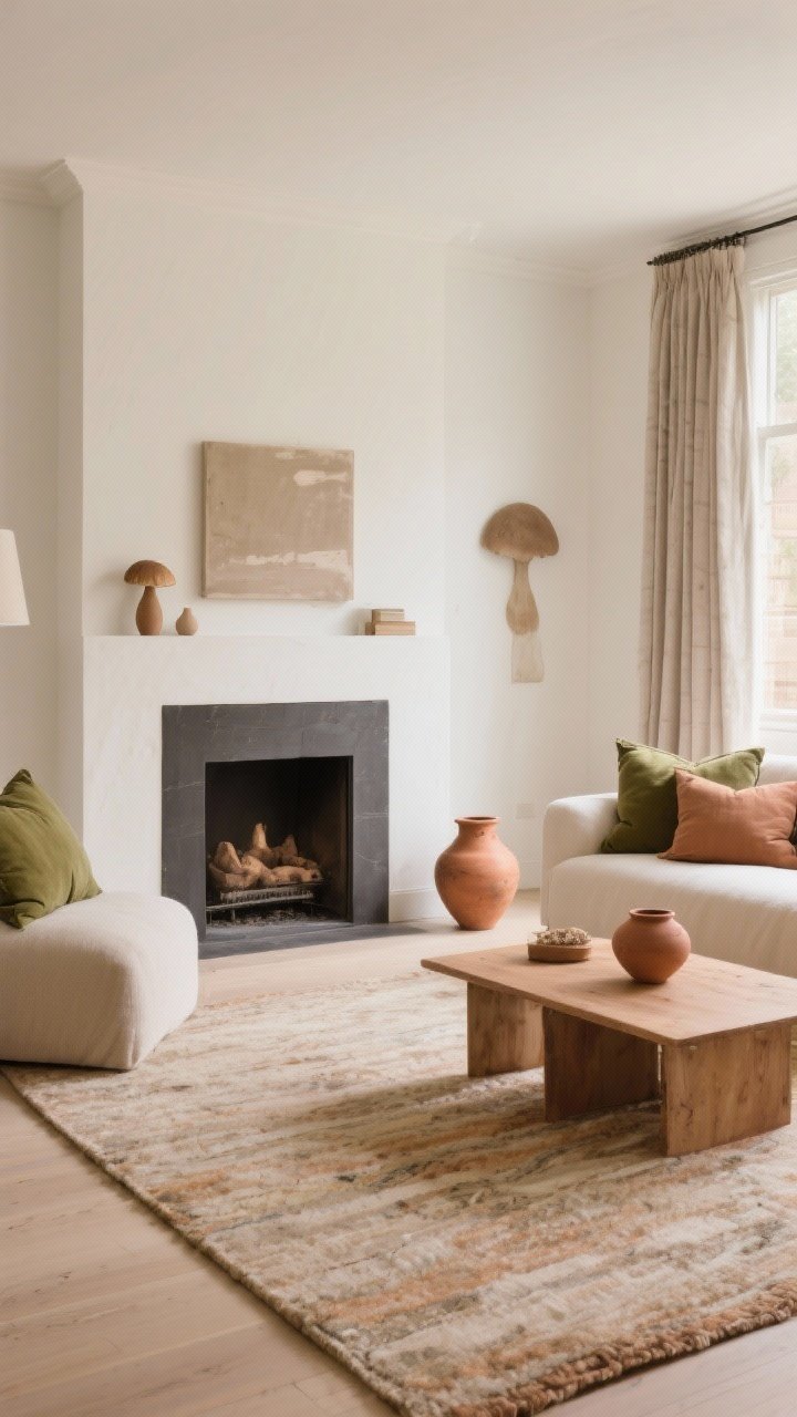 Wide living room shot in warm, earthy tones: matte warm white walls with soft taupe and mushroom accents, a muted charcoal fireplace surround, olive and clay throw pillows, and terracotta pottery; cohesive palette repeated across curtains, rug, and artwork; soft natural daylight, matte/eggshell finishes with a chalky hand-touched feel, photorealistic, no people.