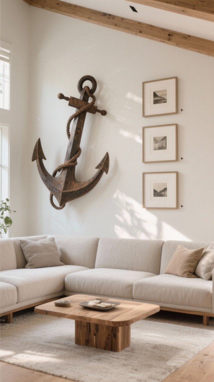Wide living room shot of “The One Big, Three Small”: one large anchor piece at eye level to the left, with three smaller matching-frame works arranged near its upper-right corner; all gaps held at 2 inches; consistent frame color across the small pieces; neutral wall, natural wood elements, afternoon light for a calm, intentional asymmetry.