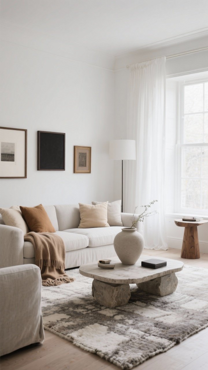 Wide living room shot, soft neutral winter palette: creamy white walls, light greige linen sofa, mid-tone camel and biscuit throws and pillows, stone-toned wool rug, anchors of charcoal and espresso wood in picture frames and a coffee table; include subtle undertone warmth to avoid icy feel, mix matte plaster vase with plush textiles to prevent monotone, natural daylight diffused through sheer curtains, calm cashmere-like ambiance, photorealistic, no people.