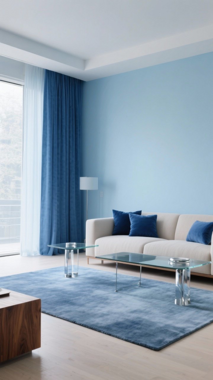 Wide living space: A monochrome glacier blue palette layered from pale ice walls to mid-blue floor-length curtains and ink-blue pillow accents on a neutral sofa; a blue-grey rug grounds the room, with glass and chrome accents on side tables for reflective clarity. Balance with warm walnut wood elements to keep it zen. Soft, even daylight. Photorealistic, corner angle.