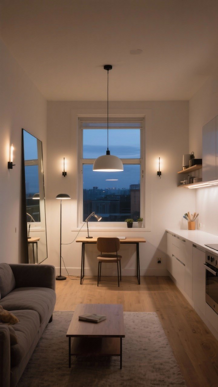 Wide living space showing layered lighting: Ambient glow from a minimalist pendant and a tall floor lamp; task lighting via a desk lamp at a small workspace and subtle under-cabinet strips in a kitchenette; accent lighting from plug-in sconces flanking a shelf with LED strips. Smart bulbs set to warm white (2700–3000K) in living zone and cooler white in the desk area. A large mirror placed opposite a window to bounce light and visually expand the room. Evening scene, balanced exposures, straight-on view.