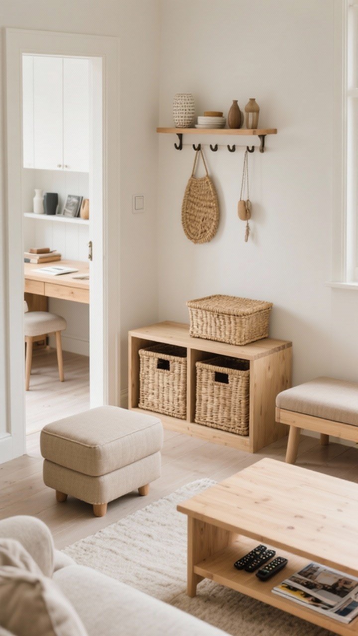 Wide overhead shot: Smart, discreet storage in a small Scandi living area—slim floating wall shelves over a compact desk holding only attractive objects; a narrow entry console with lidded seagrass baskets beneath and a Shaker peg rail above for tidy hanging; a storage ottoman and a lidded bench; a coffee table with a lower shelf for remotes and magazines; closed baskets keep visual clutter hidden; warm neutrals, pale wood, photorealistic.