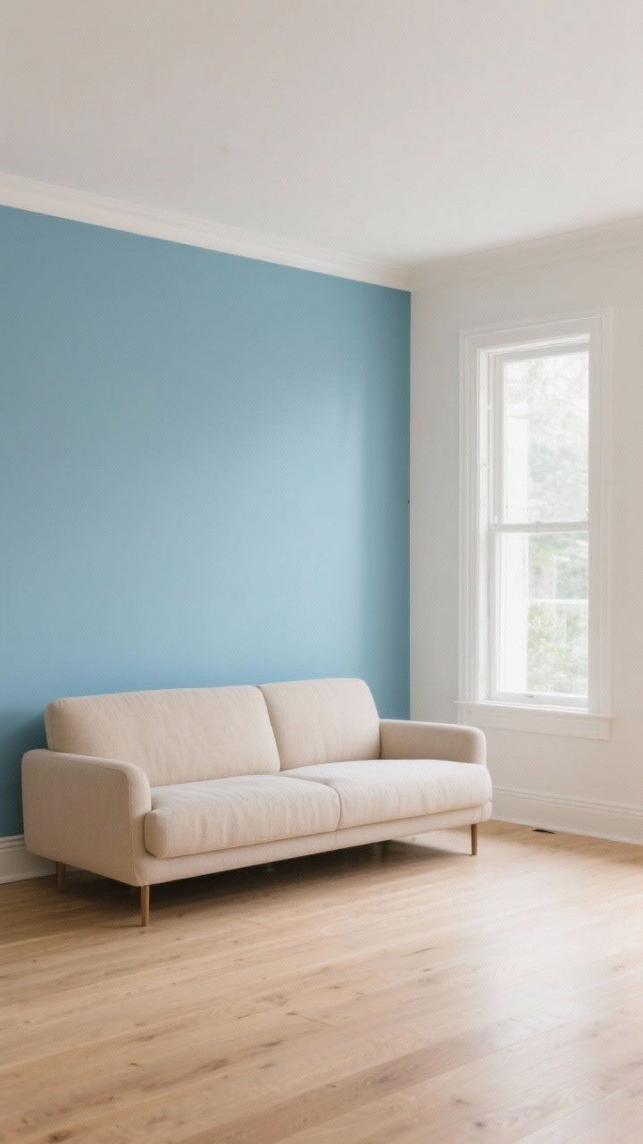 Wide room shot: A living room with a single glacier blue accent wall catching soft natural daylight from a nearby window, the remaining walls in creamy white with matching trim; an oat-beige sofa, light oak floors, and minimal decor for a serene, zen mood. Use eggshell sheen on the blue wall for gentle light bounce. No people, photorealistic, straight-on perspective.