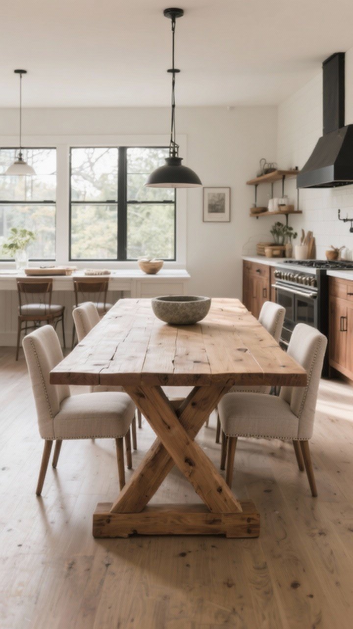 Wide room shot: A modern farmhouse kitchen-dining area featuring a chunky solid-wood trestle table with clean, squared-off edges and a matte finish in light oak, paired with refined upholstered end chairs in a neutral fabric; leg-free corners visible, durable low-sheen surface hiding wear, styled with a single low stone bowl; natural morning light through large windows, straight-on view, airy open-concept space anchored by the table; color palette: light oak, walnut accents, and blackened wood details; photorealistic.