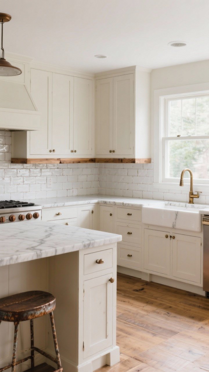 Wide room shot: A modern farmhouse kitchen with matte white shaker cabinets and inset doors in soft cream, honed marble countertops with subtle veining, a handmade-look white subway tile backsplash with slightly imperfect edges, warm wood accents on floating shelves and flooring, and aged metal touches. Oil-rubbed bronze or warm brass hardware glows softly in natural daylight from a large window. Clean lines, layered textures, no people, photorealistic.