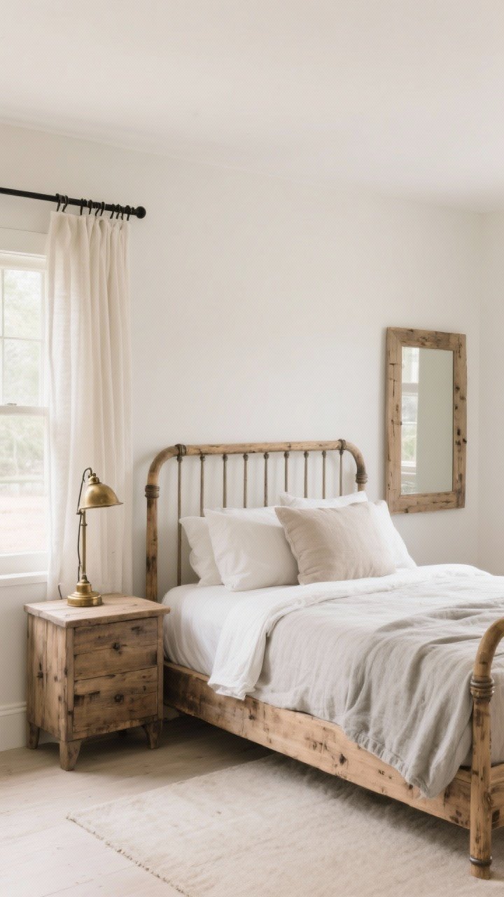 Wide room shot: A serene farmhouse bedroom with soft white matte walls, warm beige and greige accents, and natural light. A weathered oak slatted bedframe, reclaimed wood nightstand, and a raw pine mirror frame repeat the same medium wood tone. Metal accents in antique brass and black appear on a simple curtain rod and lamp base. The palette is creamy whites, warm oat, and soft gray textiles, with no glossy finishes. The scene feels calm, curated, and intentionally neutral, highlighting the wood grain and subtle texture of matte paint. Photorealistic, no people.