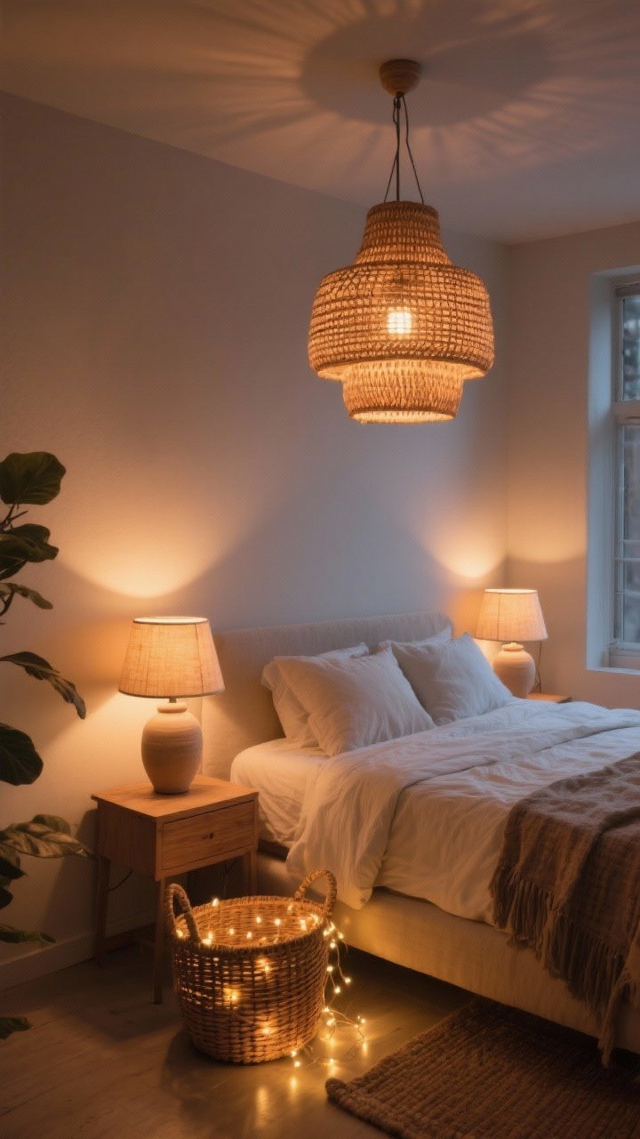 Wide room shot at dusk: Layered cozy lighting in a boho-neutral bedroom—an overhead woven pendant with a dimmable warm 2700K glow, matching ceramic bedside lamps with fabric shades casting soft diffusion, and a subtle accent: fairy lights gathered inside a rattan basket near the floor. The warm, amber-toned illumination flatters the neutral palette and creates spa-like ambiance, with gentle pools of light and soft shadows. No people, photorealistic.