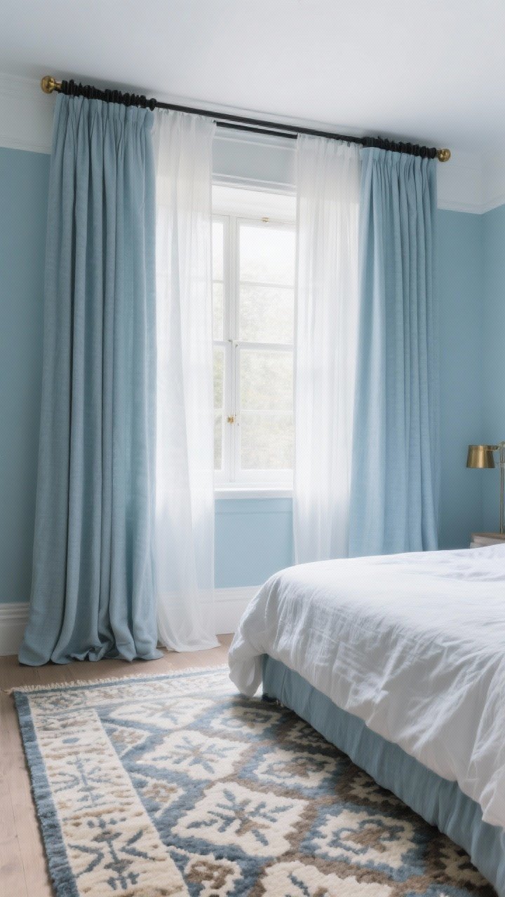 Wide room shot emphasizing grounding elements: a patterned rug with vintage-style or Scandinavian motifs in blue-gray, cream, and taupe anchoring the bed; layered window treatments with sheer white panels closest to the window and heavier pale blue linen drapes on the outside, hung on brass or matte black curtain rods; include blackout liners hinted behind the drapes; balanced, softly lit scene showing the frosted blue palette framed like gentle eyeliner.