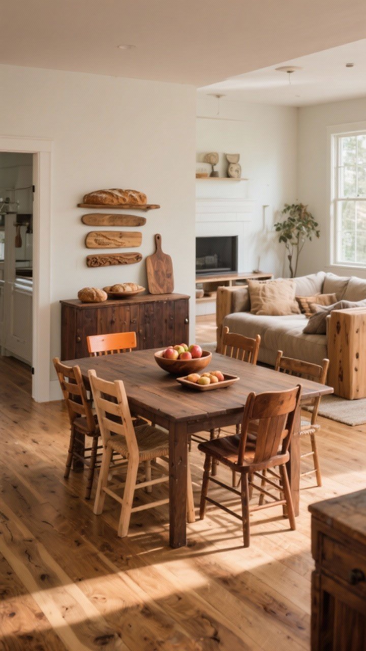 Wide room shot emphasizing warm wood tones: a living-dining space with wide-plank, lightly brushed oak floors in a matte finish; a matte walnut farmhouse dining table with mismatched pine and walnut chairs (no orange stain); accents of stacked bread boards, a carved wooden bowl of apples, and a rustic tray on a sideboard; mixed finishes—some darker walnut, some lighter oak—for a collected look; soft natural daylight with gentle shadows.
