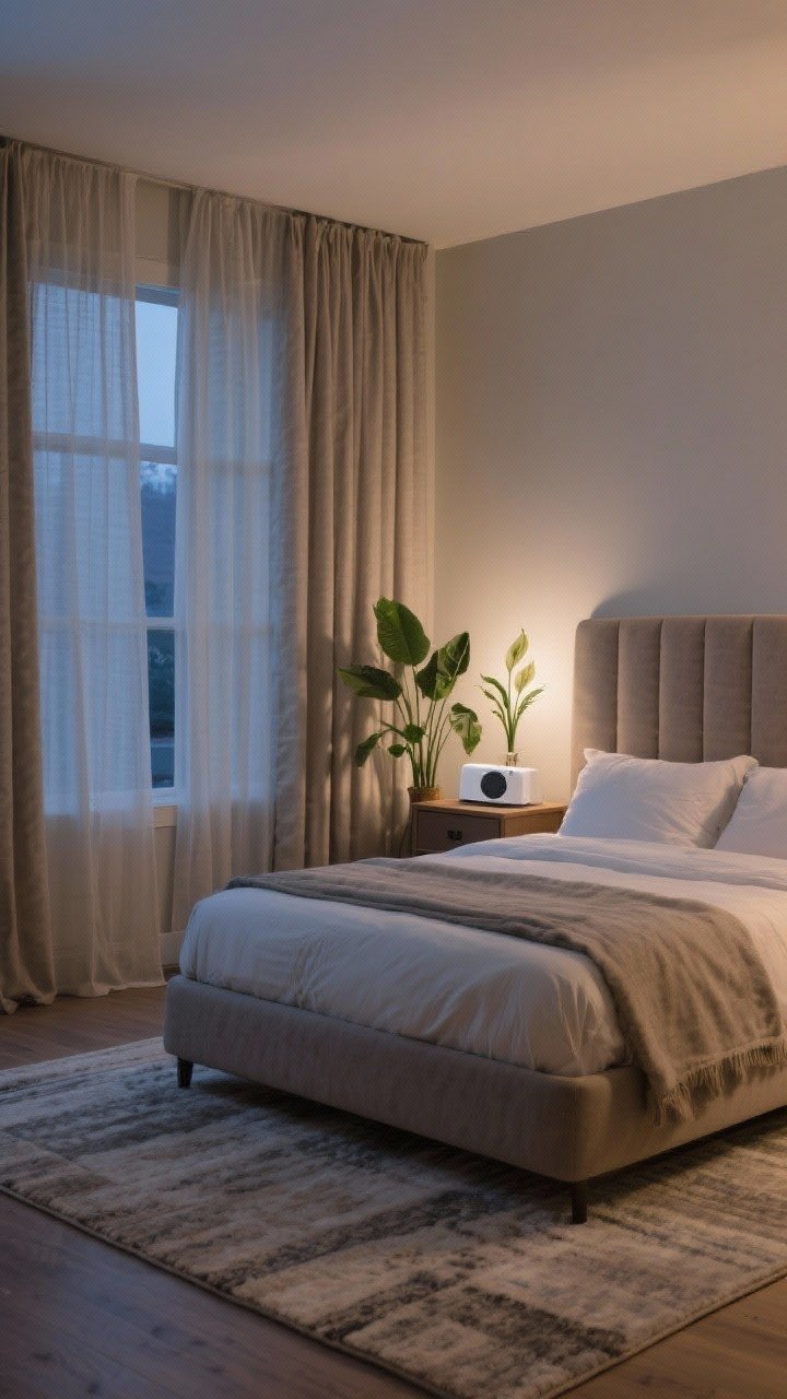 Wide room shot focusing on softening sound and light: blackout curtains in lined linen hung high and wide to eliminate light gaps, a large 8x10 area rug with cushy pad under a queen bed, and an upholstered headboard to dampen echoes; a compact white-noise machine on the nightstand; one or two plants (peace lily or snake plant) for gentle air support; evening scene with curtains drawn and subtle ambient glow; corner angle, photorealistic.