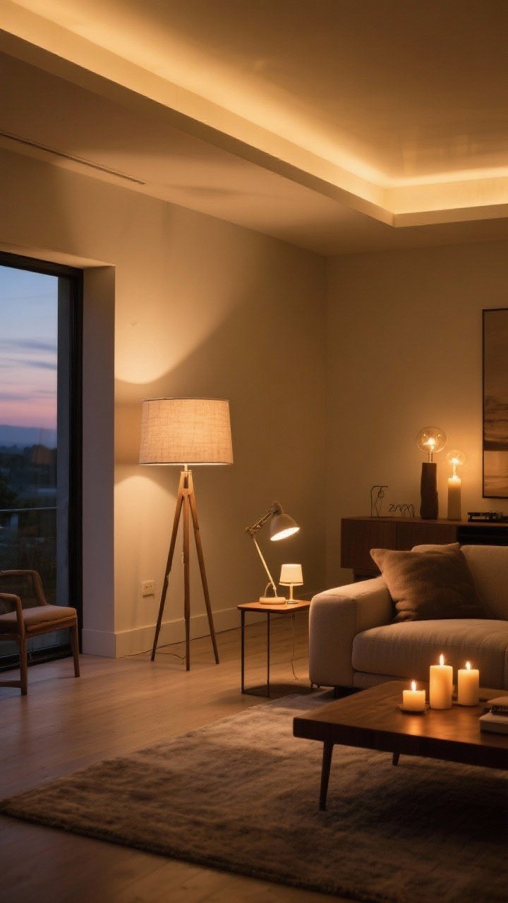 Wide room shot: layered lighting setup at dusk—ambient floor lamp with a linen shade, a task reading lamp beside a sofa, and accent glow from candles and a small table lamp; dimmer-like warm LED bulbs at 2700K–3000K casting a soft golden hue; no harsh overheads; photorealistic, inviting mood.