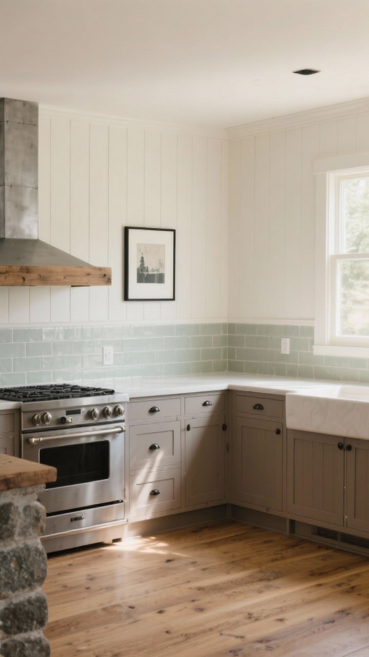 Wide room shot of a farmhouse kitchen bathed in soft morning light, walls in buttery off-white (Swiss Coffee/Alabaster vibe), lower cabinets a slightly darker neutral taupe, accents of feather-gray and muted sage, matte subway tile or beadboard backsplash painted to match the walls, warm wood floors, gentle contrast from charcoal hardware and a single black-framed art print, natural wood, metal, and stone elements creating a calm, cloudy neutral palette, no people