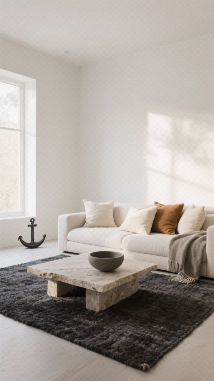 Wide room shot of a minimalist living room showcasing a curated calm color story: walls in soft warm white, large neutral sofa in stone, anchor rug in deep charcoal micro-texture, accents in cream and camel through pillows and a throw; include putty and greige tones on a travertine-top coffee table and a matte stone ceramic bowl; gentle morning natural light from the left, soft shadows, gallery-like vibe, no people, photorealistic.