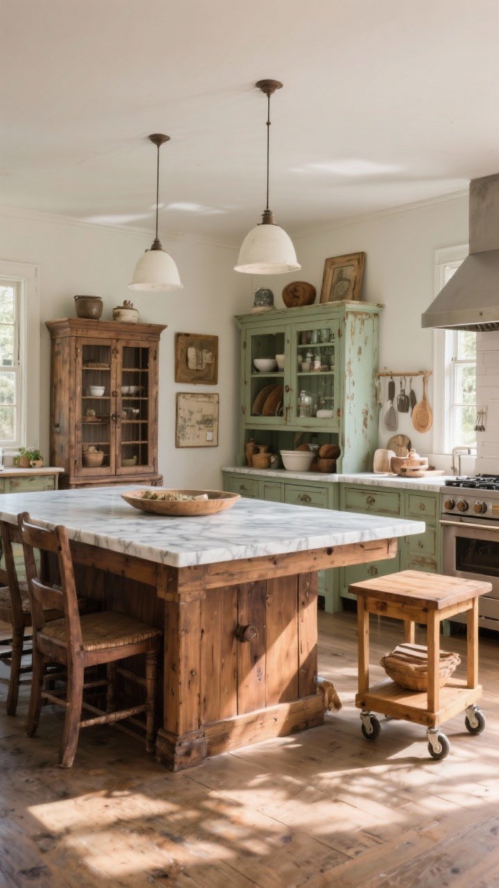 Wide room shot of an eclectic kitchen using freestanding furniture: a massive farmhouse table as an island with a marble topper, a vintage hutch as a pantry, and a small butcher block cart on wheels; limit to three wood tones (walnut, oak, and painted sage); collected, authentic look with mixed patina; sunlit late afternoon glow, uncluttered but lived-in.