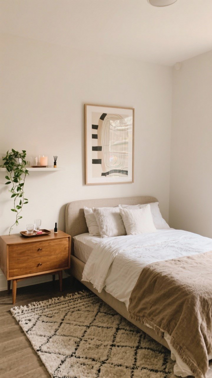 Wide room shot with styled details: A curated small bedroom featuring one large art piece above the headboard (vertical emphasis) and a leaning frame on a dresser for dimension; an 8x10 subtle-pattern rug under a queen bed (or 6x9 under a full), layered over wall-to-wall carpet for texture; a small trailing pothos on a floating shelf, a tray on the nightstand corralling glasses, a candle, and lip balm, plus a discreet diffuser; leave a clean, blank wall segment for visual breathing room; warm, balanced lighting, straight-on composition highlighting art, rug size, and finishing touches.
