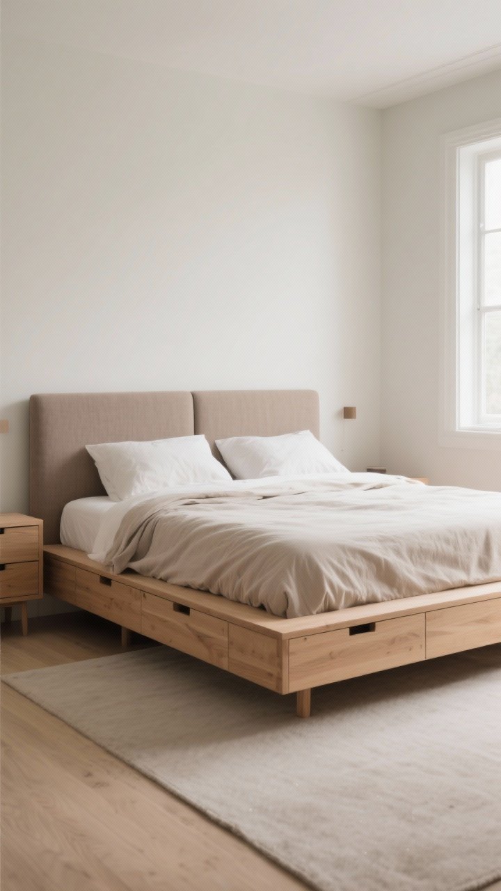 Wide shot: A bedroom centered on a low-profile wood platform bed with a clean silhouette and no bed skirt, proportionate to the room; a slim, upholstered headboard in a soft taupe fabric; neutral linen bedding and simple lines throughout; storage drawers integrated into the bed base that blend seamlessly; soft daylight, minimal decor, no ornate headboard or footboard.