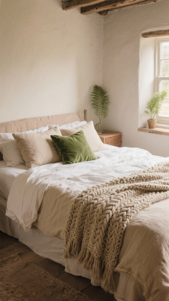 Wide shot: A cozy cottage-core bedroom with a layered bed showcasing textures—oat-colored linen duvet, cream cotton sheets peeking out, a chunky wool cable-knit throw draped at the foot, and a single fern-green velvet cushion among neutral pillows; grounded palette of creams, oat, fern, and clay; natural morning light from a window, matte walls, and minimal decor to highlight tactile variety.