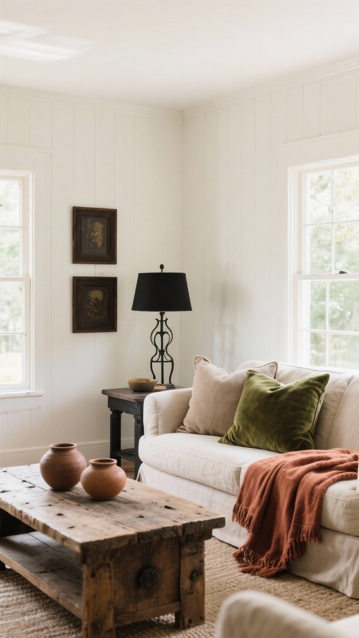 Wide shot: A farmhouse living room bathed in soft natural light, walls painted warm white with a gentle LRV, layered palette of oatmeal, sand, mushroom, and soft taupe. Nature-led color pops include sage velvet pillows on a linen sofa, a rust linen throw draped casually, muted clay ceramics on a rustic wood coffee table, and deep charcoal accents via a black metal lamp and dark wood picture frames. Calm, grounded, photorealistic.