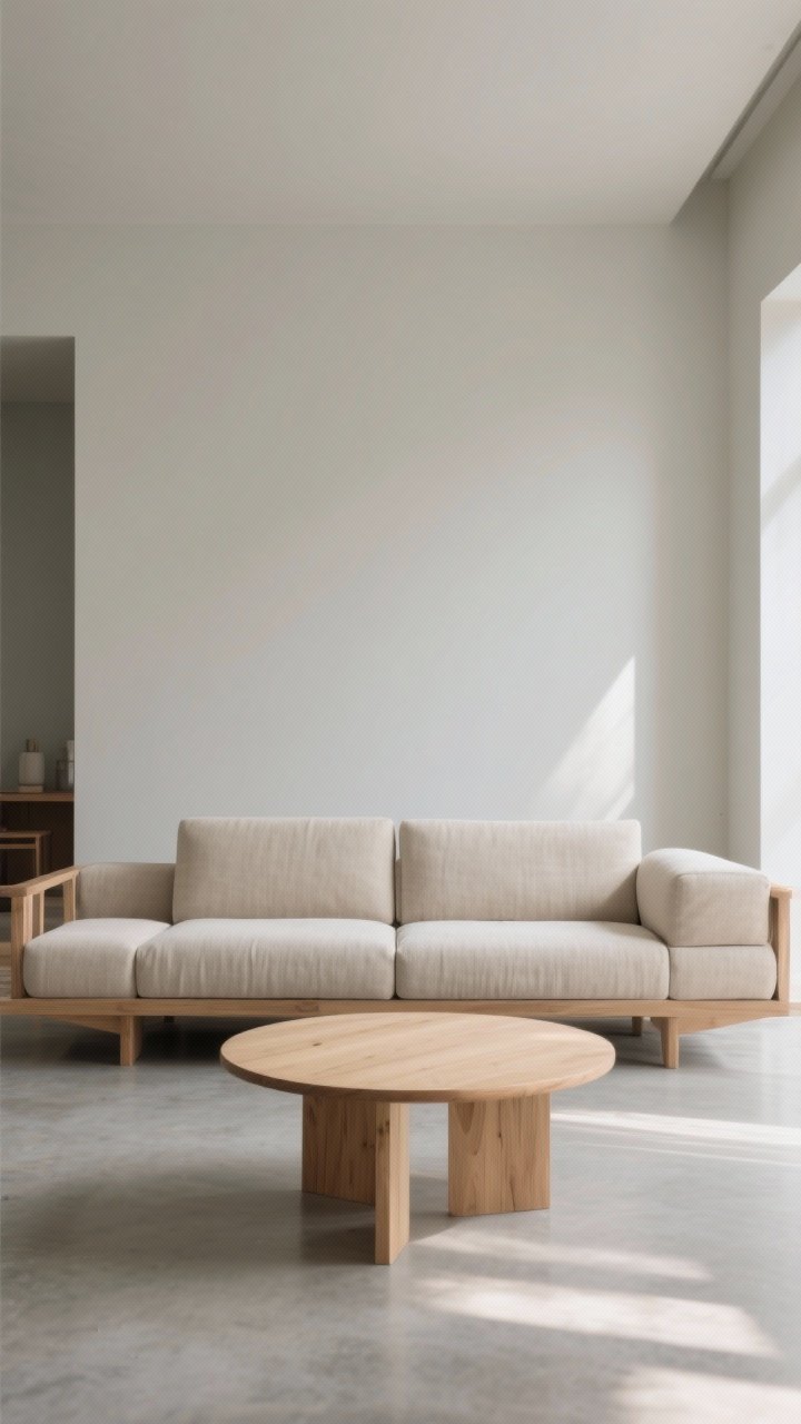 Wide shot: A Japandi living room anchored by a low-profile sofa with slim arms in oatmeal linen, exposed light oak base, and modular sections; paired with a round light-wood coffee table with soft rounded edges on a smooth concrete floor. Soft natural daylight, gentle shadows, clear visual breathing space, no clutter. Palette: oatmeal, soft gray, light oak. Perspective: straight-on from seating height, showcasing grounded, zen proportions.