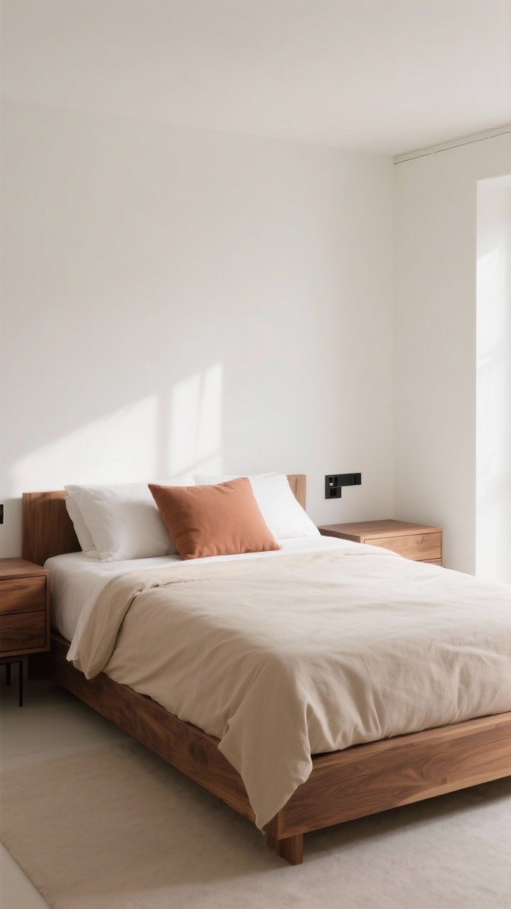 Wide shot: A minimalist bedroom with warm white “Swiss coffee” walls, oatmeal-colored bedding, and walnut wood accents; include a single controlled pop of color via a small muted clay throw pillow on the bed; calm, cohesive palette with soft natural morning light; clean lines, no ornate details; thin black hardware on a simple dresser; serene, expensive feel.