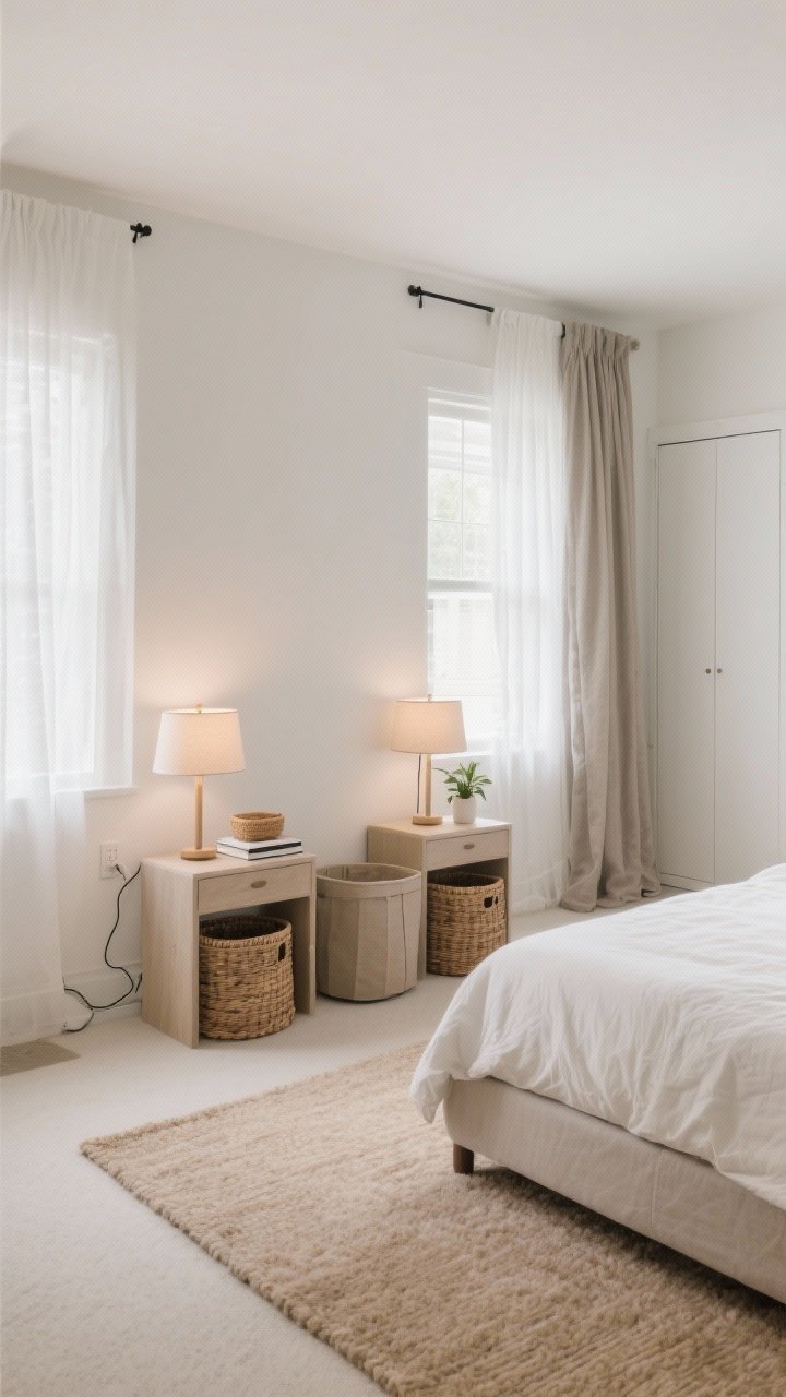 Wide shot: A minimalist, decluttered bedroom with warm white walls and hidden cords, showing two tidy nightstands each holding a soft-shaded lamp, a small catchall, and one calming item (a single book on one, a tiny plant on the other). Under-bed woven baskets peek out subtly, a closed hamper is tucked near the closet, and a plush, neutral oat-colored rug layers over light carpet. Windows have airy white sheers for daytime glow with heavier greige drapes pulled to the sides. Soft, diffuse afternoon light creates a calm, breathable hygge atmosphere; no excess decor, everything intentional and serene.