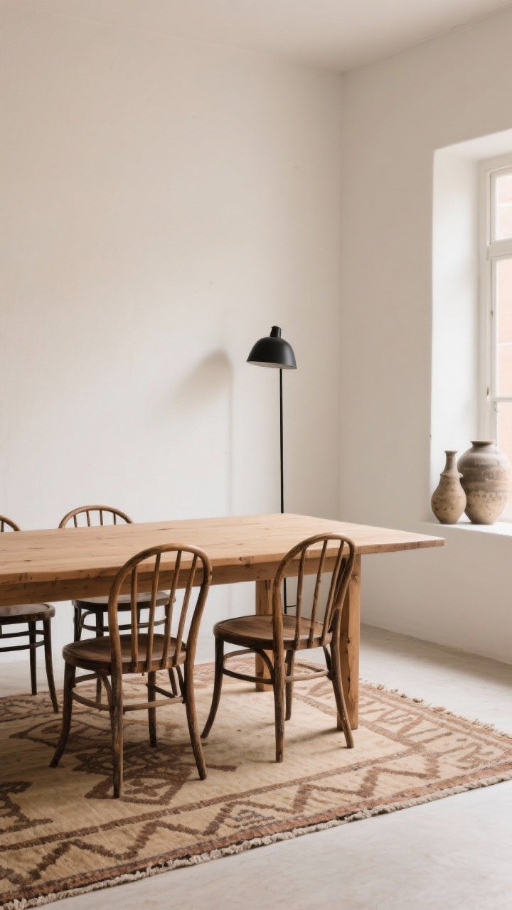 Wide shot: A minimalist dining space pairing clean modern silhouettes with old-world materials—a simple slab dining table in natural wood, surrounded by vintage bentwood and spindle-back chairs with timeworn finishes. On the floor, a low-pile flat-woven Turkish rug with a simple pattern in earthy tones; beside the table, a slim matte-black floor lamp contrasts chunky vintage stoneware vases on a ledge. Natural daylight plus soft warm interior lighting highlight textures; photorealistic, three-quarter corner angle.