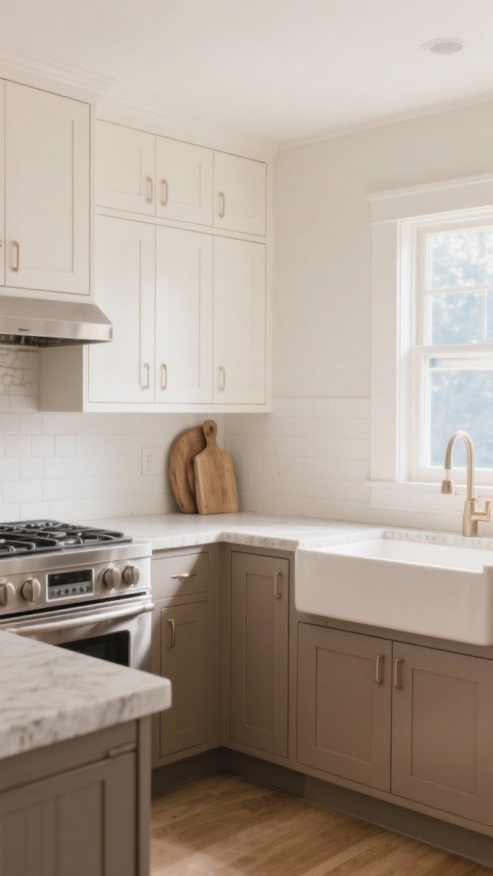 Wide shot: A modern farmhouse kitchen with a soft neutral base, walls painted in warm white (Swiss Coffee/Alabaster vibe), upper cabinets in creamy white and lower cabinets in warm greige/mushroom taupe, satin/matte cabinet sheen and eggshell walls. Stainless appliances, natural wood accents, and light stone surfaces harmonize with the palette. Soft morning light through a window, no blue undertones, creating a cozy glow. Straight-on perspective to showcase the two-tone cabinetry and calm, layered neutrals.