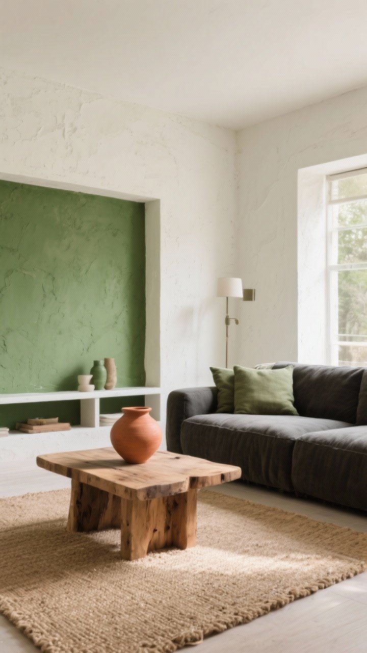Wide shot: A modern living room with a grounded color story—walls in creamy off-white with a subtle limewash finish, a moss green accent wall, charcoal linen sofa, terracotta clay pottery on a raw wood coffee table, warm sand-toned jute rug, and matte/eggshell paint sheen throughout; balanced palette with olive as the anchor color and warm neutrals, soft natural afternoon light, calm and cohesive mood.