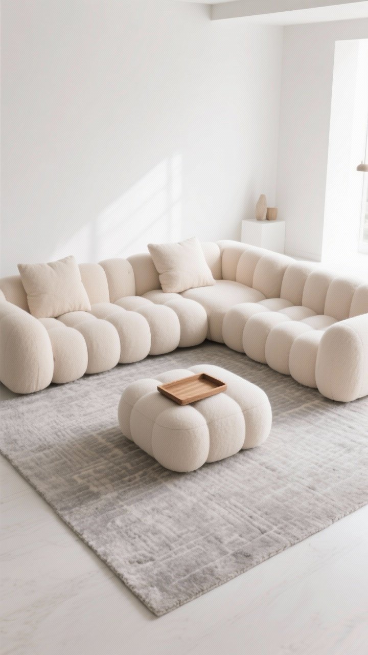 Wide shot — A modular “marshmallow” sectional in pale sand upholstery with rounded modules, deep seats, and overstuffed cushions for maximum cloud vibes; arranged in an L-shape with a matching ottoman module topped with a wooden tray as a coffee table; anchored by a flatwoven light gray wool rug; soft geometry and low profile, bright diffused daylight, clean white walls, few accessories, balanced composition from a slightly elevated corner angle, photorealistic.