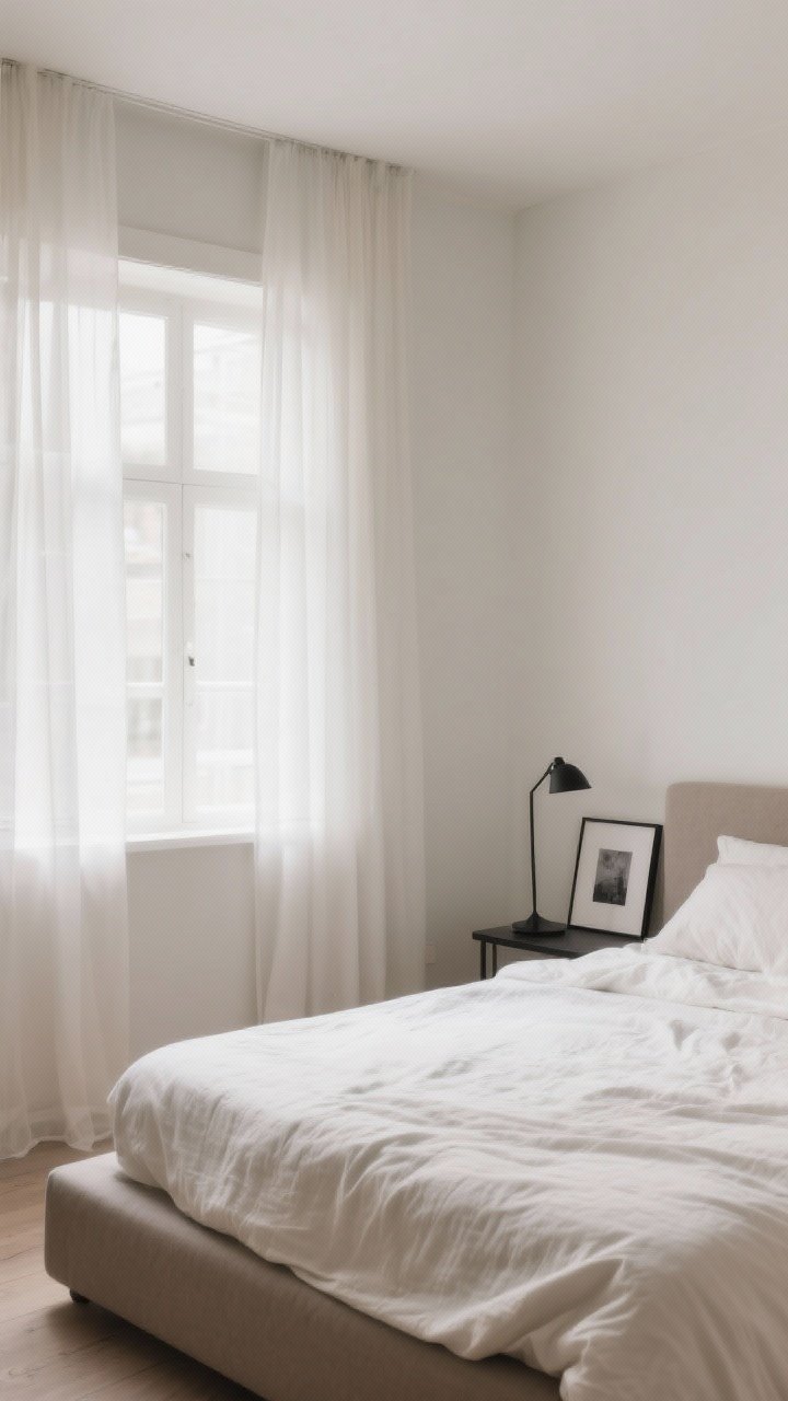 Wide shot: A Scandinavian bedroom with warm white walls painted in greige undertones, light bouncing softly through sheer curtains; a low-profile bed dressed in single-tone bedding (off-white linen duvet with subtle texture and smooth cotton sheets), minimal black accents limited to a slim lamp base and thin photo frames; muted taupe and gentle grey palette throughout, matte finishes, calm and breathable atmosphere, no clutter, photorealistic.