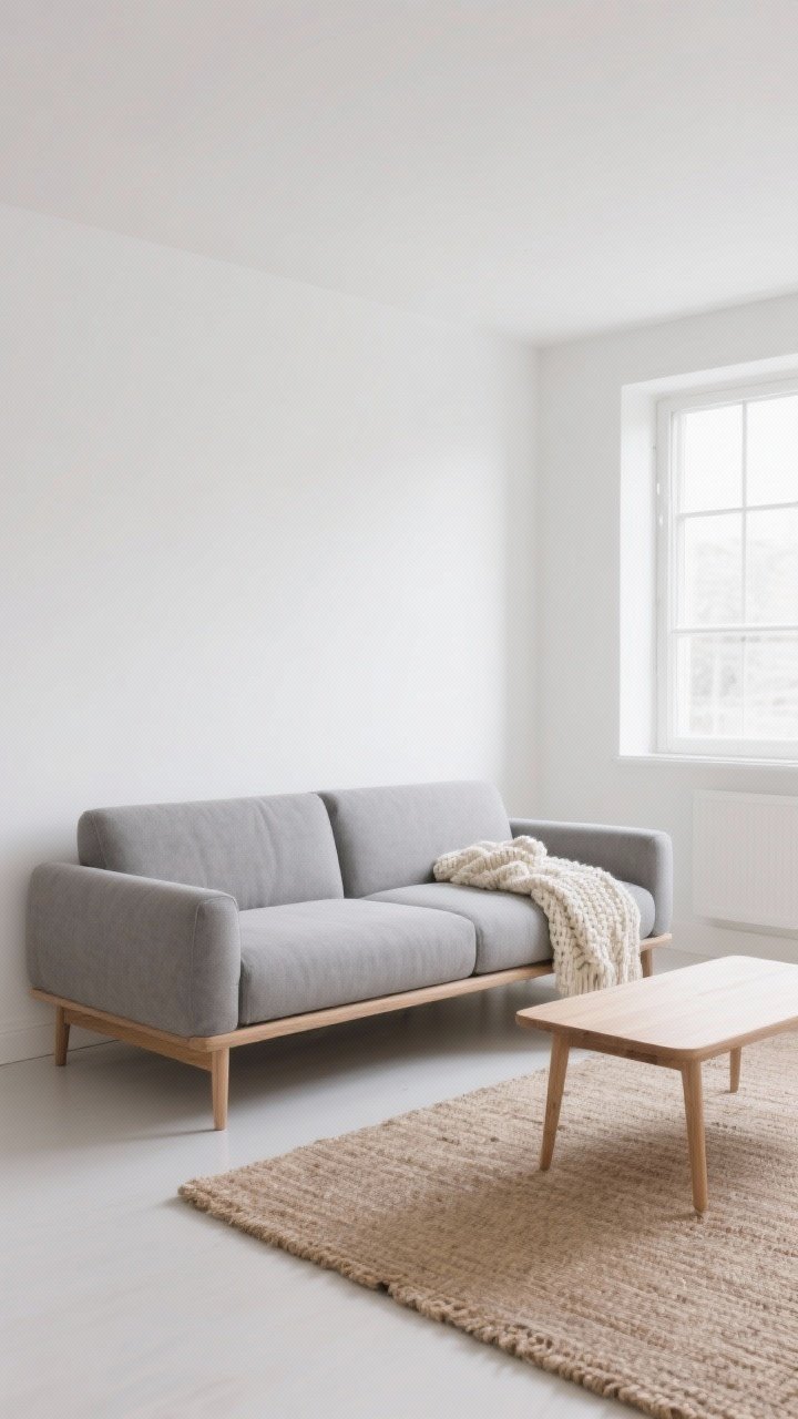 Wide shot — A Scandinavian living room with a low-profile, bench-style sofa in fog gray neutral upholstery, no arms, slim oak legs to create a floating effect; clean-lined low back and wide seat cushions, styled minimally with one chunky-knit texture-rich throw in cream; paired with a light oak coffee table and a jute rug, white walls, plenty of negative space to emphasize airy proportions, soft natural daylight from a large window, straight-on perspective, photorealistic and serene.