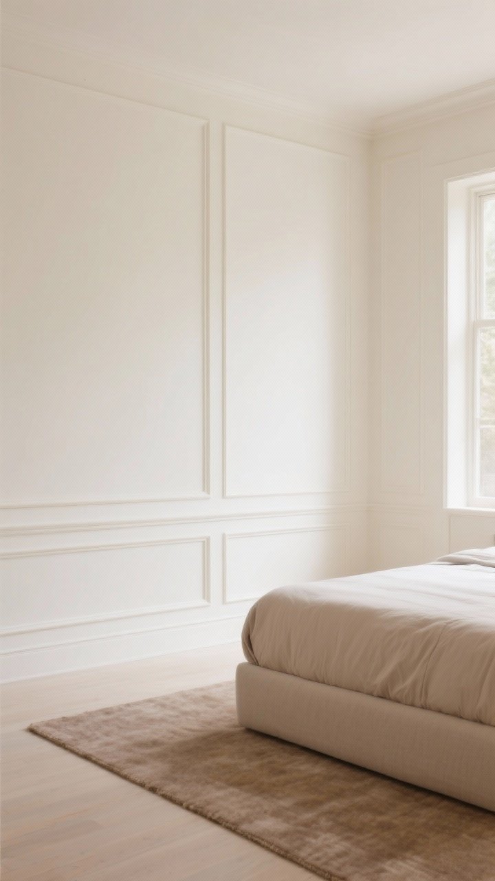 Wide shot: A serene bedroom showcasing a soft, grounding base—walls painted warm white with a subtle cream undertone, trim a shade lighter than the walls, a palette of warm whites, creamy beiges, mushroom taupes, soft camel, and sandy hues. Natural daylight filters in, highlighting a minimalist bed with neutral bedding and a pale taupe area rug. The overall mood is calm and collected, with clean lines and no bold accents, emphasizing the neutral foundation and high-end, subtle wall-trim contrast. No people, photorealistic.