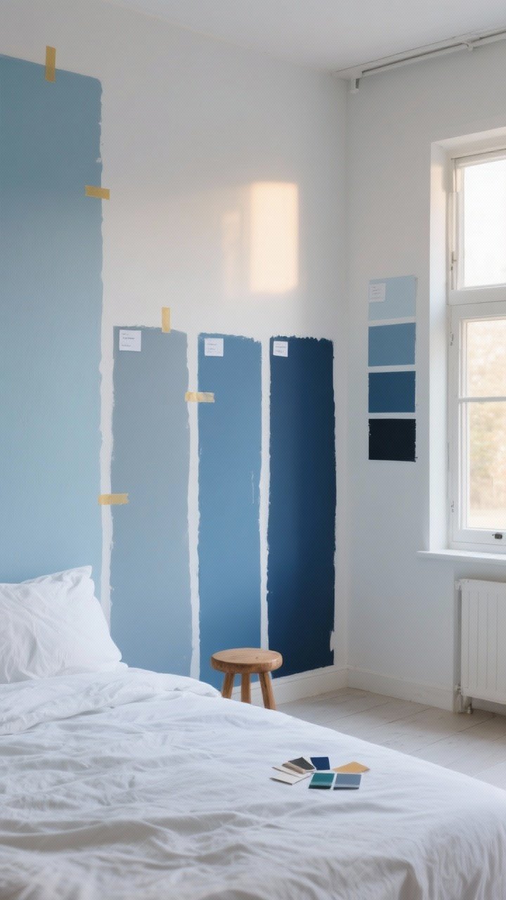Wide shot: A serene bedroom showcasing nuanced blue paint swatches on multiple walls—dusty blue, powder blue, slate, navy, and midnight blue—each labeled with small painter’s tape, captured in morning light on one wall and warmer evening light on another. Neutral off-white walls elsewhere, a simple bed with white linens, and a small oak stool holding paint chips. North-facing window glow on the warmer-leaning blue, south-facing bright light balancing cooler, icier swatches. Photorealistic, calm, Scandi mood, no people.