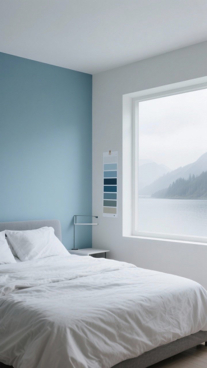 Wide shot: A serene bedroom with soft, muted glacier blue walls with gray undertones, like a foggy sky over a mountain lake; a single glacier blue accent wall behind the bed with the other walls in airy off-white; north-facing window light casting cool tones; minimal modern decor with sleek lines, no people; include large removable paint swatches taped to the wall near the window to show undertone testing; calm, photorealistic Scandinavian vibe.