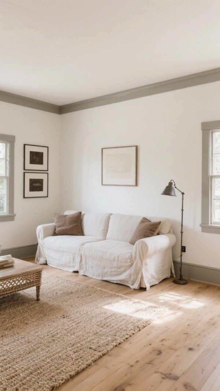 Wide shot: A serene farmhouse living room with creamy white walls (Swiss Coffee tone), soft greige trim, and a light linen slipcovered sofa facing a simple focal point; palette of warm taupe, oatmeal, and soft gray with subtle charcoal and espresso accents on picture frames and a metal floor lamp; airy, cohesive, and calm mood with natural daylight filtering in; neutral jute rug, pale oak floors, and minimal decor to let texture and character shine; photorealistic, straight-on perspective.