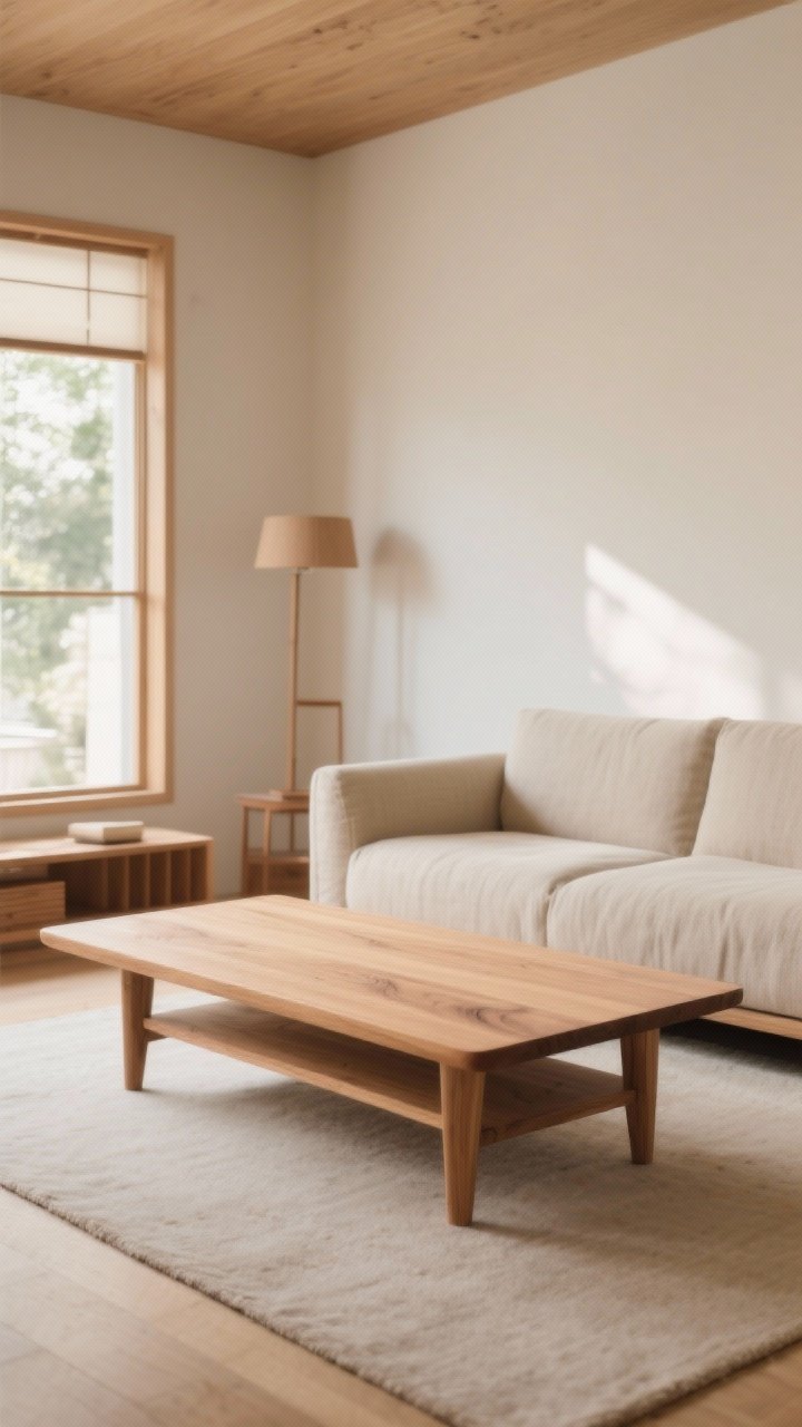 Wide shot: A serene Japandi living room with a low-profile solid wood coffee table as the centerpiece, crafted in oak with a matte finish and softly rounded corners; visible joinery on simple slab top, soft edges, and no glossy lacquer or ornate legs. Neutral palette with warm oak tones, pale walls, and linen sofa; natural daylight filtering in, highlighting the wood grain. The mood is calm and warm, with minimal decor to let the grain whisper.