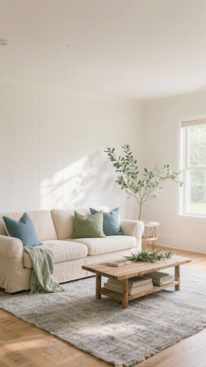 Wide shot: A serene living room bathed in soft morning light, walls painted warm soft white with a linen undertone, featuring a neutral palette of creamy beige sofa, foggy gray area rug, and muted sage accents; add dusty blue and eucalyptus green throw pillows for depth, natural wood coffee table, and subtle layered textures to prevent flatness; calm, slow-living farmhouse mood, no people.