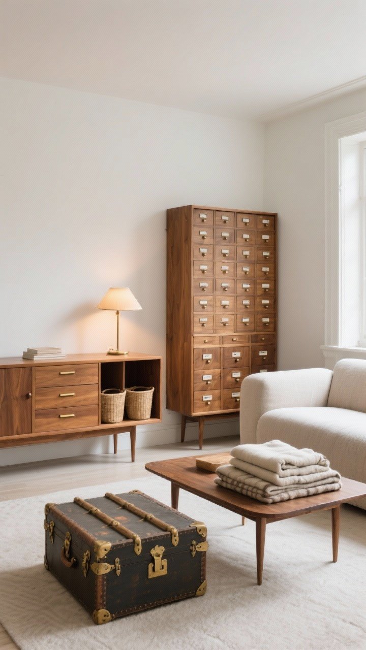 Wide shot: A serene living room featuring hardworking vintage storage—the focal mid-century teak credenza with glide drawers and brass details, an apothecary cabinet with rows of tiny labeled drawers along a side wall, and an antique trunk serving as a coffee table with folded blankets inside. Surfaces are mostly clear, emphasizing negative space; bins tucked inside open cabinet show organization. Neutral palette, soft daylight and a subtle warm lamp accent; photorealistic, corner angle.