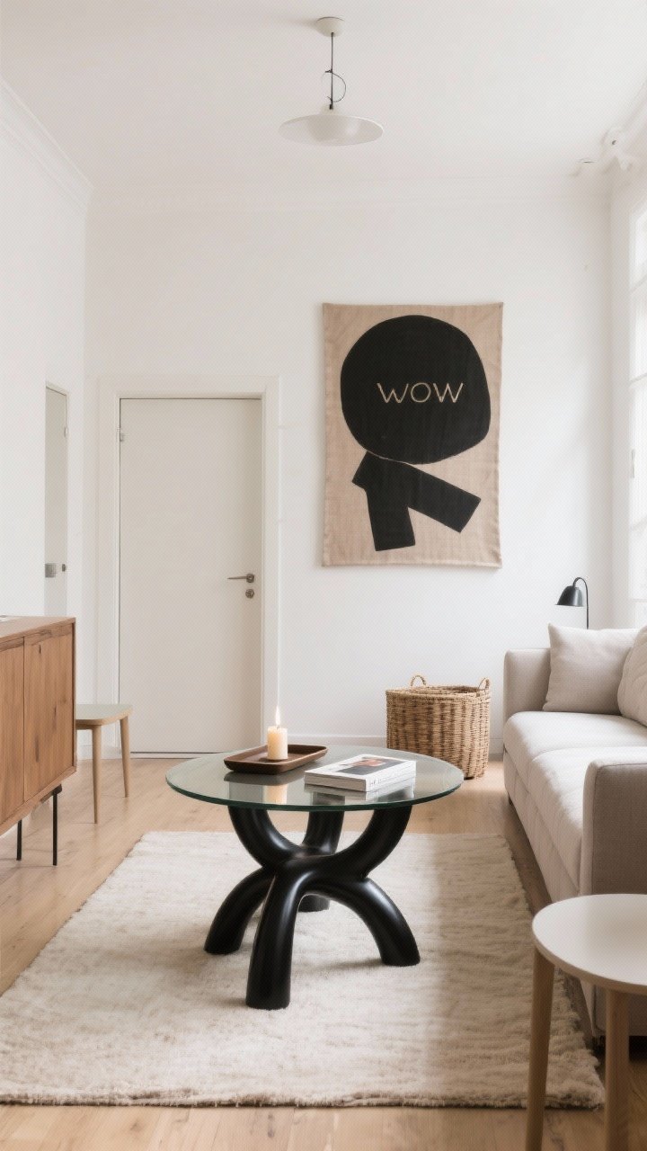 Wide shot: A small modern minimalist apartment living room with warm white walls and abundant visible floor space, featuring a single standout “wow” piece—a sculptural black metal and glass coffee table—centered on a light beige rug. Surfaces are 70% clear: on the coffee table, only a low tray with a single candle and one art book. One oversized abstract print (black and taupe on linen) hangs above a compact sofa; no gallery wall. Closed media unit with doors hides clutter; a woven basket tucked beside it. Fewer side tables, open negative space, slim furniture that fits the layout. Natural daylight, calm, curated, airy mood, no people.